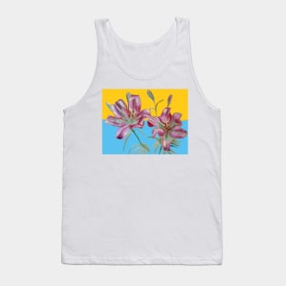 Pink Lily Watercolor Floral Painting on Yellow and Blue Tank Top